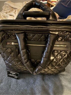 CHANEL Black Quilted Puffer Laptop Tote with Top Handles